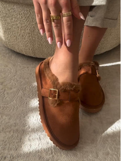Faux Fur Lined Suede Clogs with Back Heel and Buckle Detail