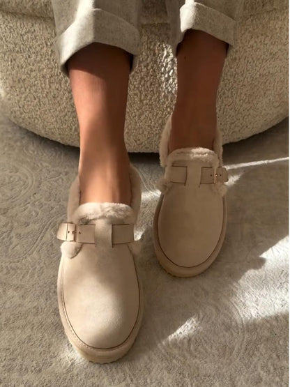 Faux Fur Lined Suede Clogs with Back Heel and Buckle Detail