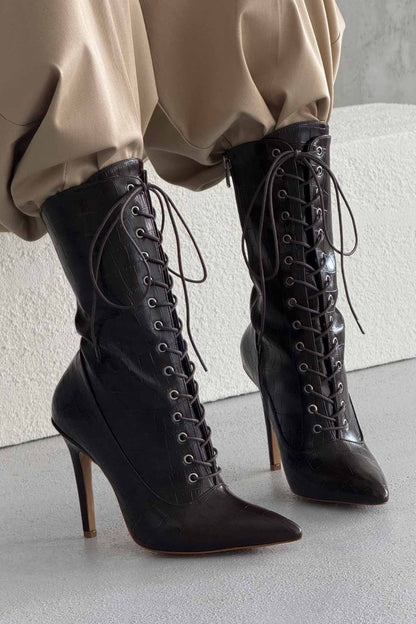 Lace-Up Thin Heel 10cm Brown Boots