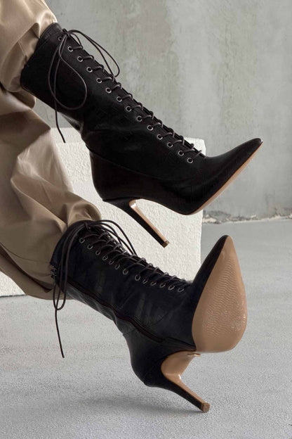 Lace-Up Thin Heel 10cm Brown Boots