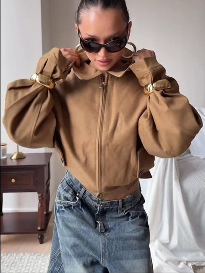 Cropped High Neck Zip-Up Bomber Jacket