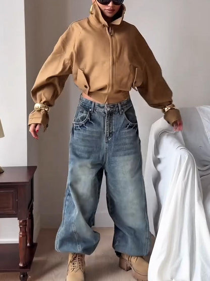 Cropped High Neck Zip-Up Bomber Jacket