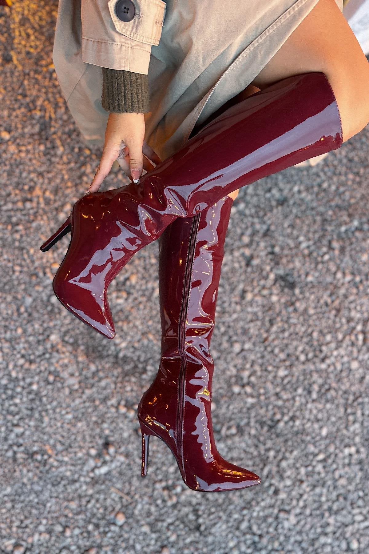 Wory Burgundy Patent Leather Zipper Detailed Women's Heeled Boots
