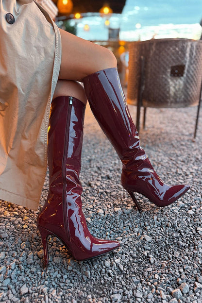 Wory Burgundy Patent Leather Zipper Detailed Women's Heeled Boots