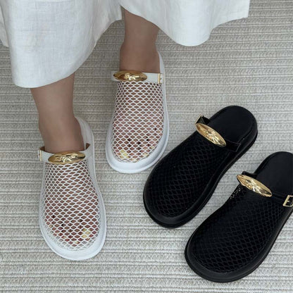 Woven Mesh Hollow-out Platform Slippers