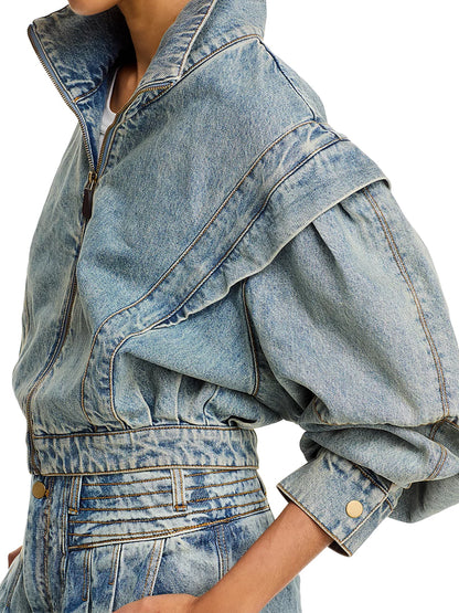 Stand Collar Patchwork Zip Up Denim Jacket