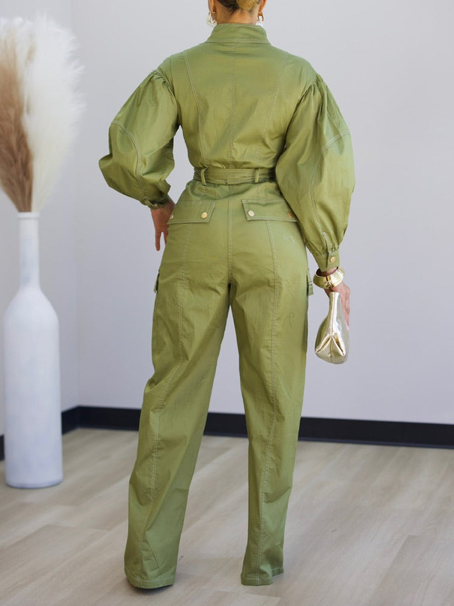 Fasion Pockets Zip Up Belted Jumpsuit