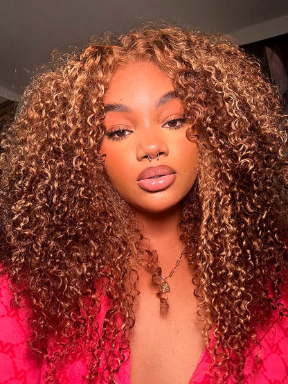 Glueless Highlights Ombre Hair Pre-cut HD Lace Kinky Curly Wig