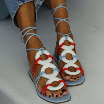 Vintage Flat Lace-up Cutout Sandals