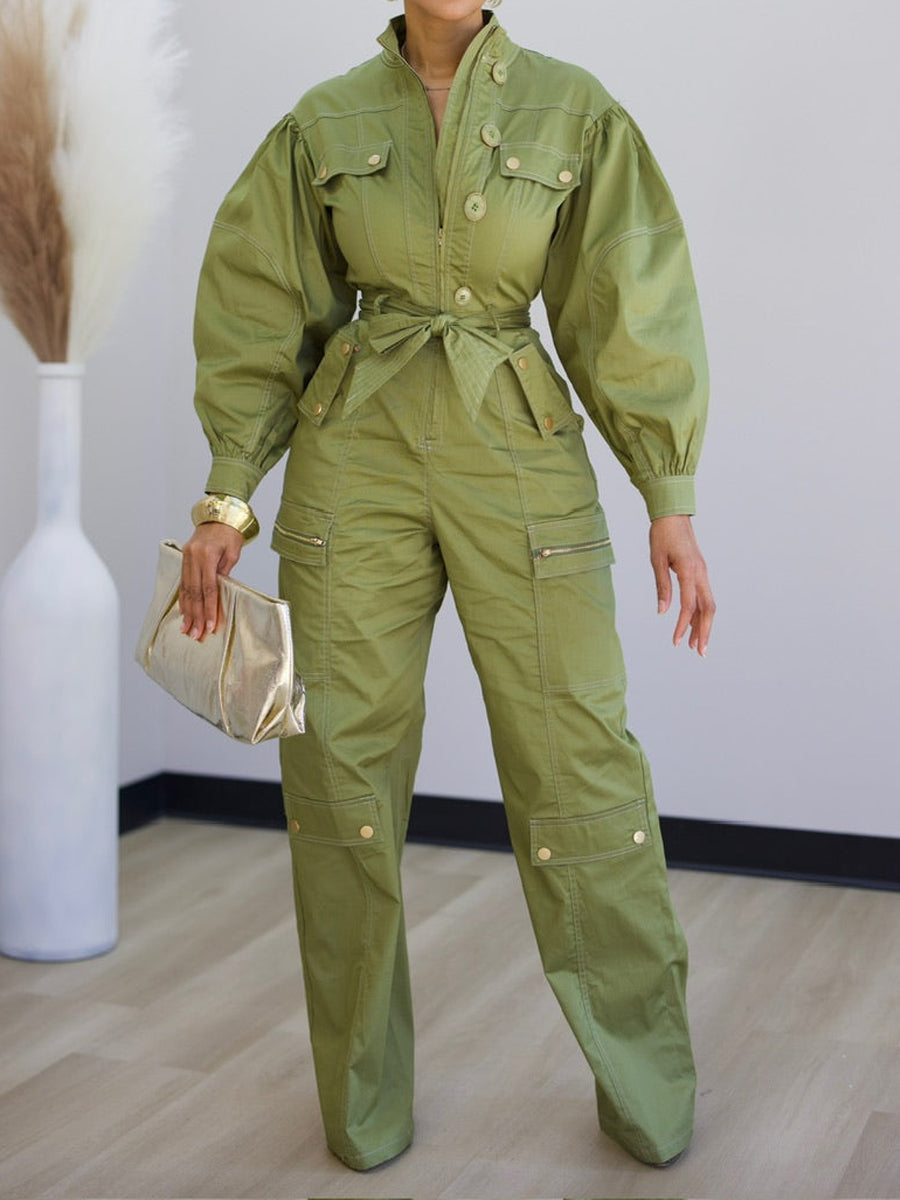 Fasion Pockets Zip Up Belted Jumpsuit