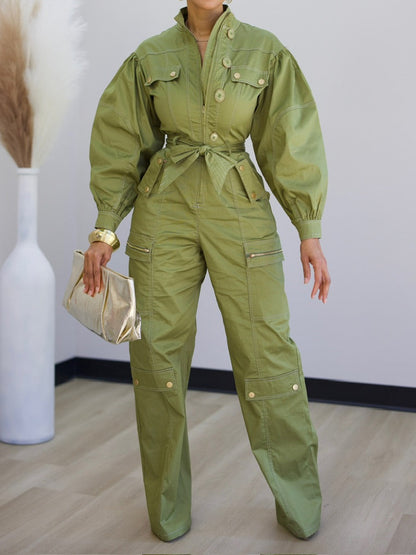 Fasion Pockets Zip Up Belted Jumpsuit