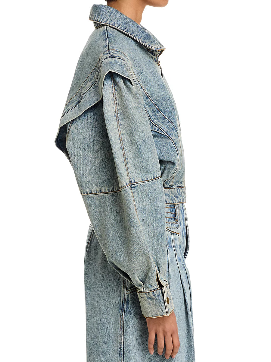 Stand Collar Patchwork Zip Up Denim Jacket