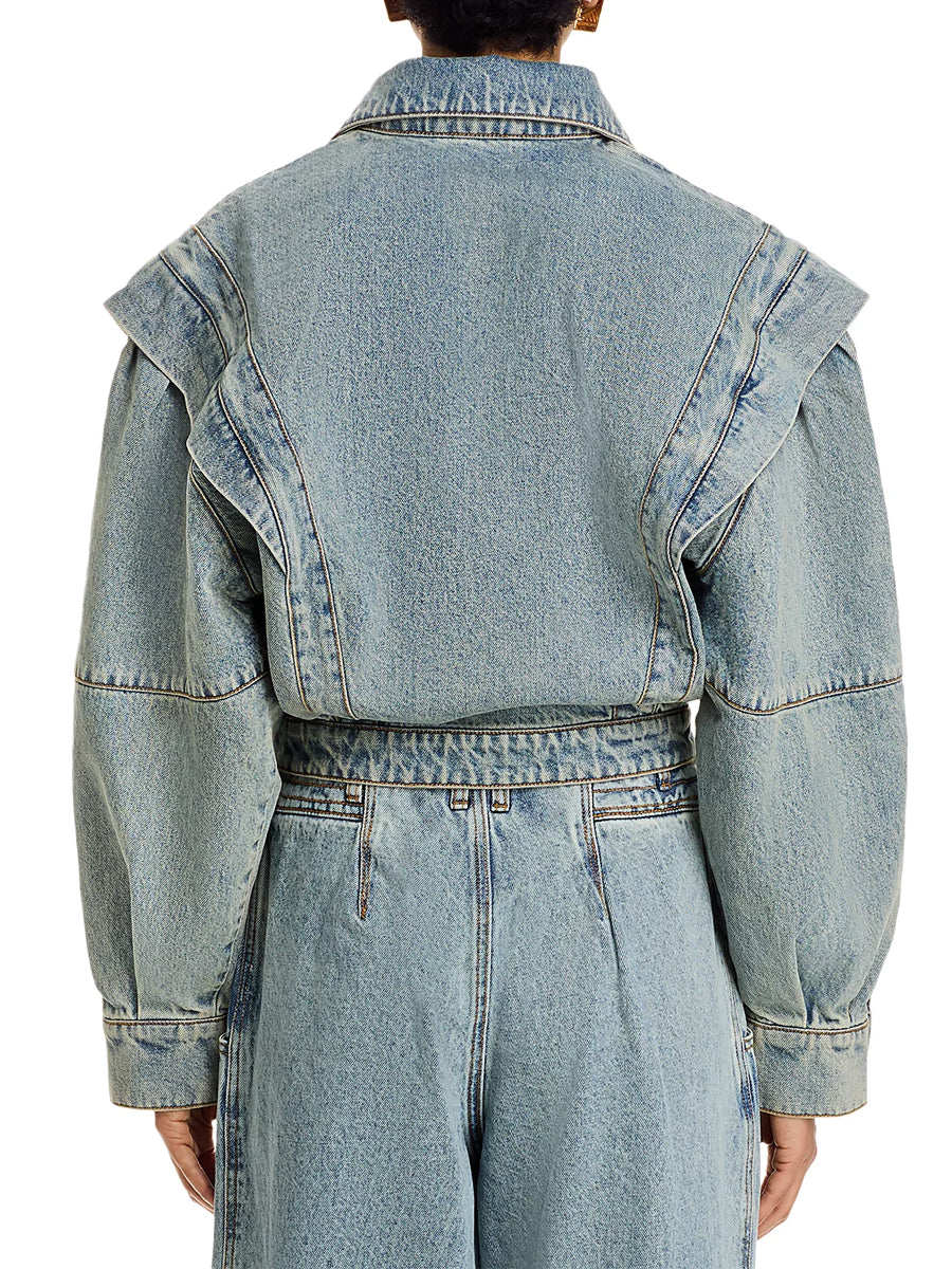 Stand Collar Patchwork Zip Up Denim Jacket