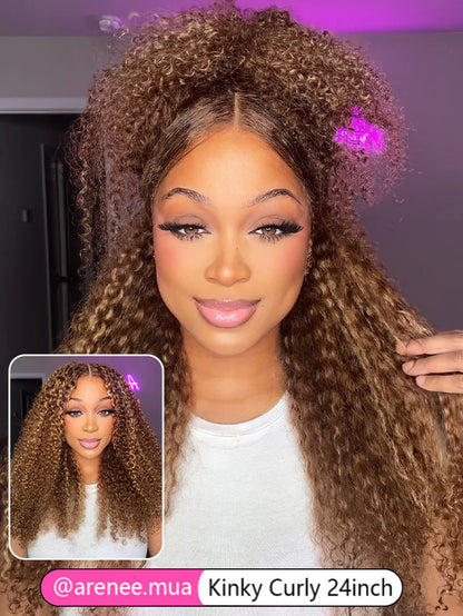 Glueless Highlights Ombre Hair Pre-cut HD Lace Kinky Curly Wig