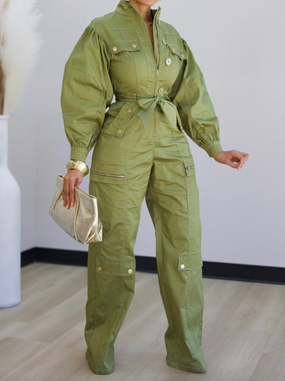 Fasion Pockets Zip Up Belted Jumpsuit