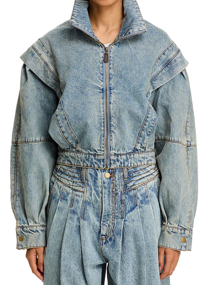 Stand Collar Patchwork Zip Up Denim Jacket