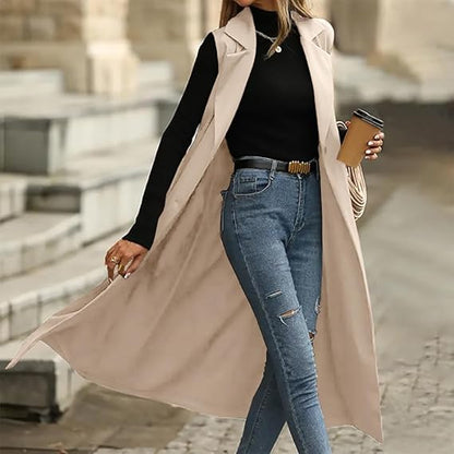 Long Vest Casual Double Breasted Sleeveless Trench Coat Jackets