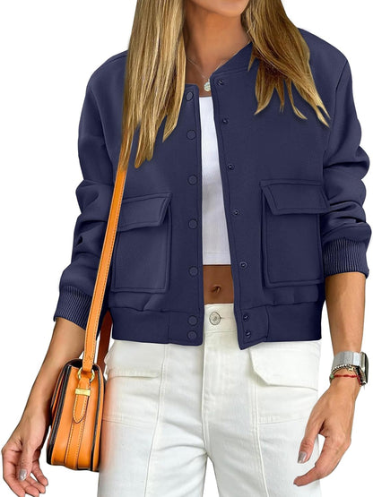 Fashion Thread Double Pocket Cropped Bomber Jacket