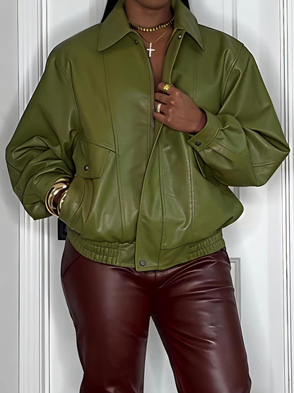 Faux Leather Ribbed Cuffs Bomber Jacket