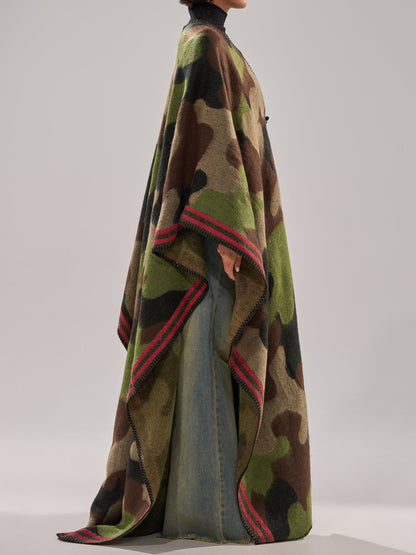 Knitted Camouflage-Print Maxi Poncho