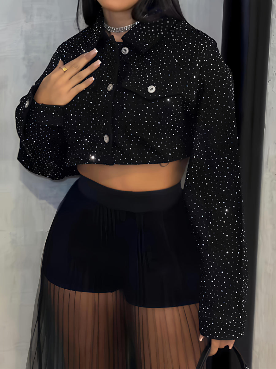 Rhinestone Sparkle Button Up Cropped Jacket