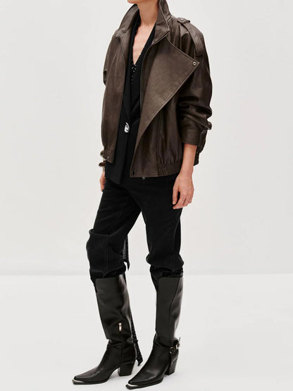 Tie Asymmetric Faux Leather Bomber Jacket