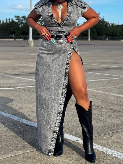 Deep V Neck Split Denim Maxi Dress