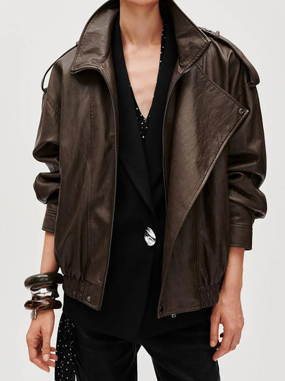 Tie Asymmetric Faux Leather Bomber Jacket