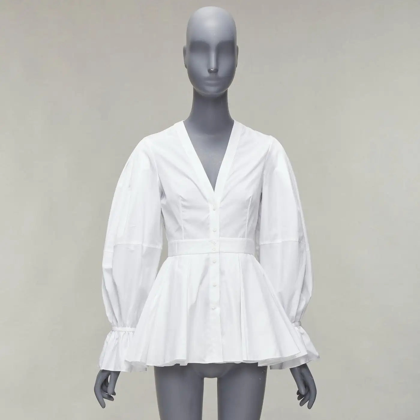 White Cotton V-neck Balloon Sleeve Peplum Dress Shirt