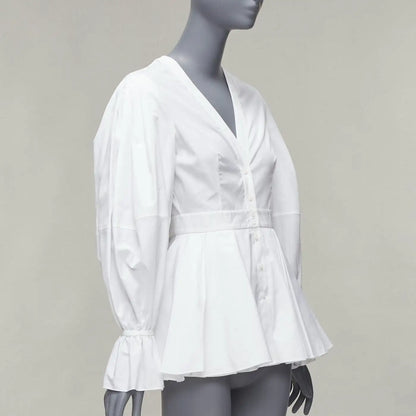 White Cotton V-neck Balloon Sleeve Peplum Dress Shirt