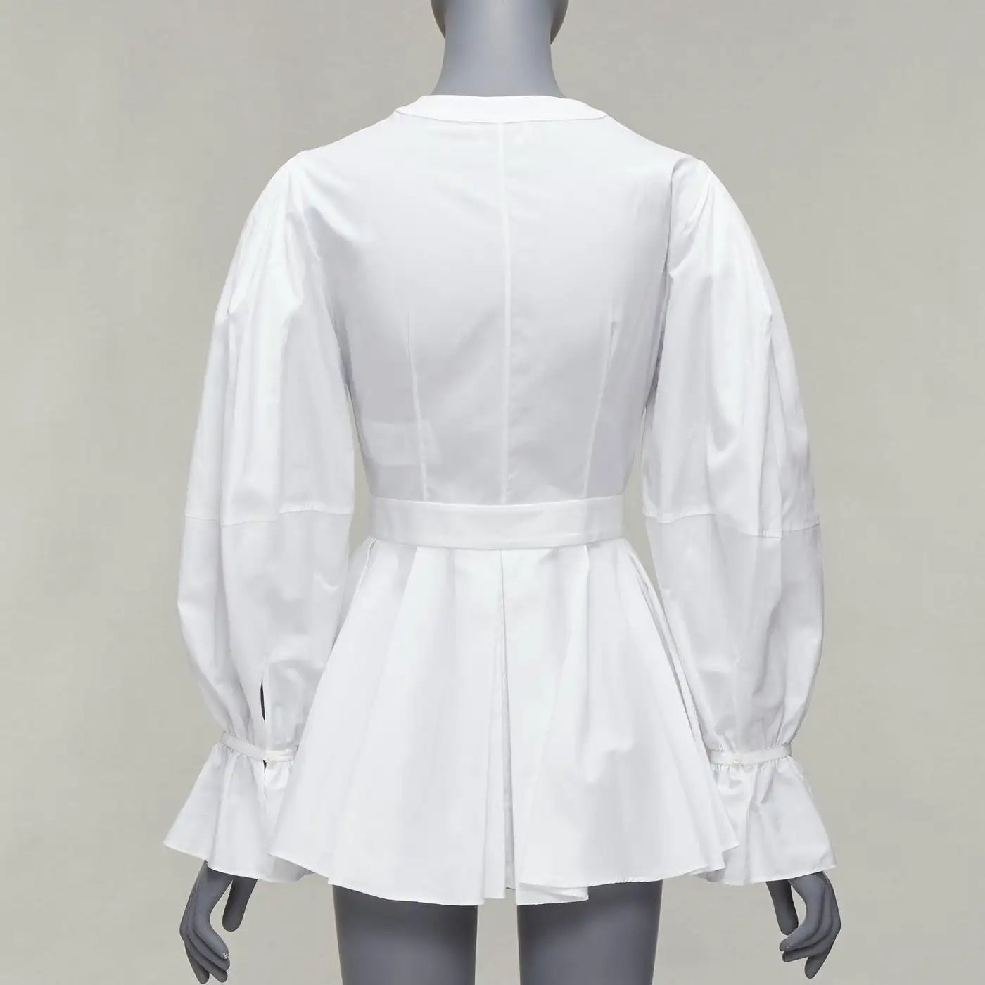 White Cotton V-neck Balloon Sleeve Peplum Dress Shirt