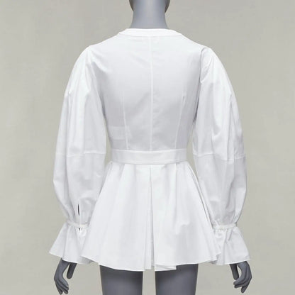 White Cotton V-neck Balloon Sleeve Peplum Dress Shirt