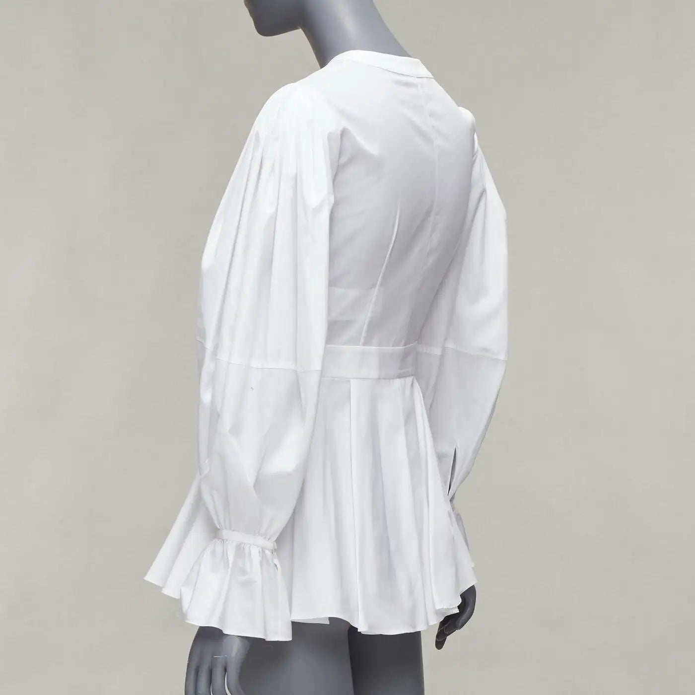 White Cotton V-neck Balloon Sleeve Peplum Dress Shirt