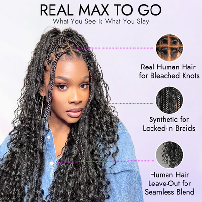 Flexi-Fit Invisi Drawstring Cap Full Lace Knotless Boho Curls Braided Long Wig Super Natural Scalp