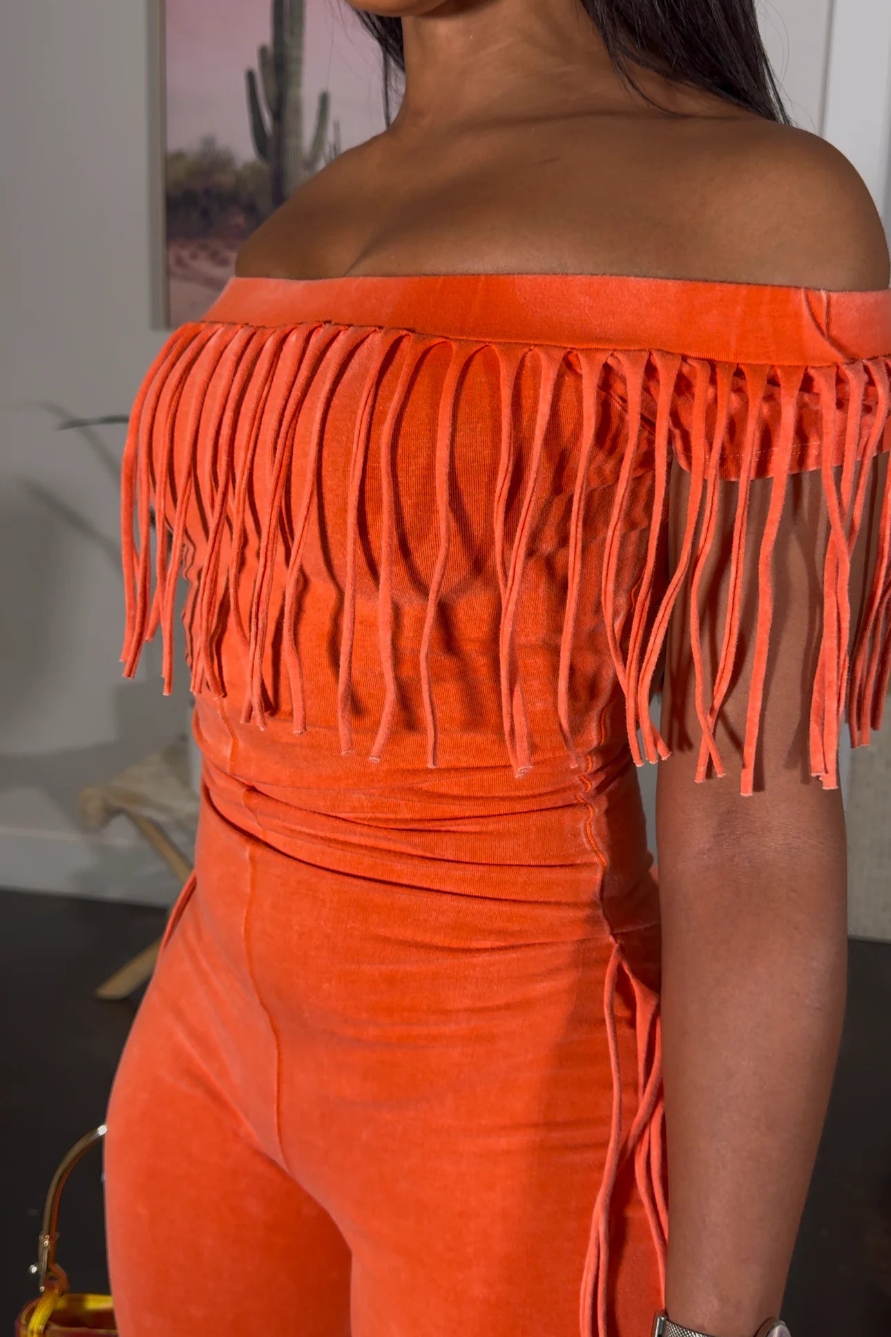 Fringe Off-Shoulder Orange Jumpsuit – Festival Ready Statement One-Piece for Women