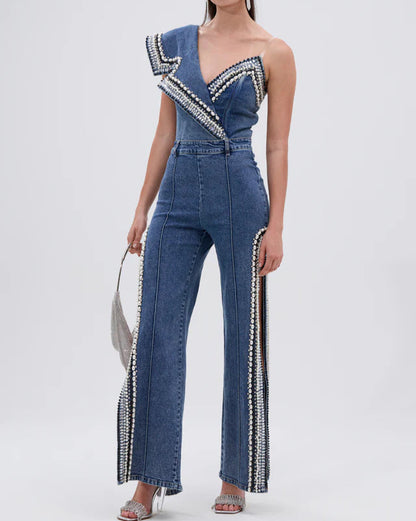 PearlEdge Denim Two-Piece Set – Asymmetric Crop Top & Wide-Leg Pants