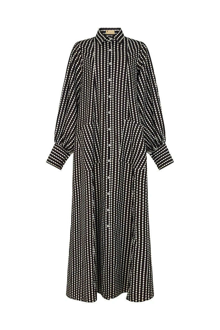 Maxi Flared Shirt Dress in Black & White Diamond Stripes