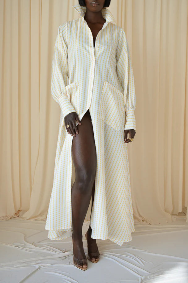 Maxi Flared Shirt Dress in Yellow & White Diamond Stripes