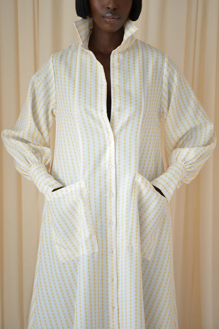 Maxi Flared Shirt Dress in Yellow & White Diamond Stripes