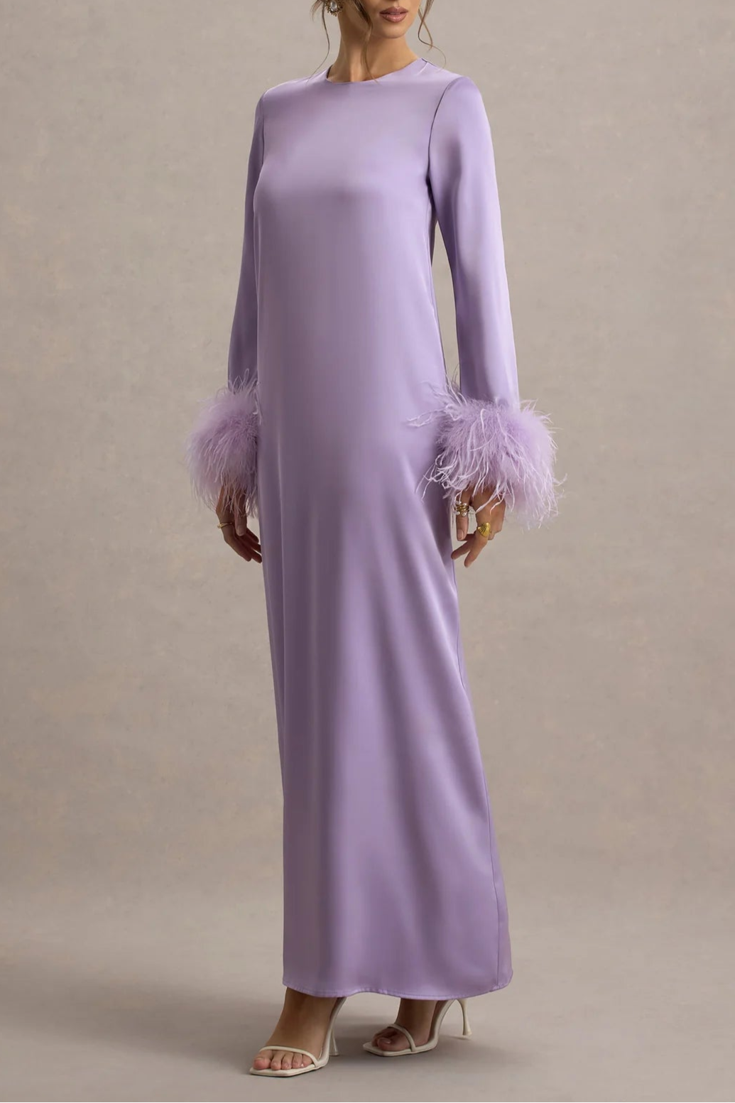Lilac Satin Feather-Trim Maxi Dress