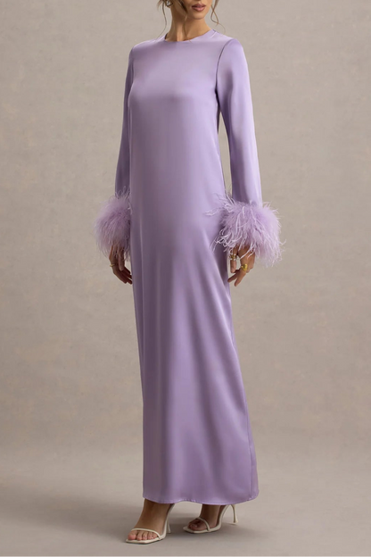 Lilac Satin Feather-Trim Maxi Dress